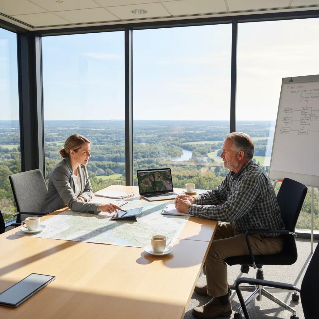 A forestry consultant discussing NZU market strategy with a landowner