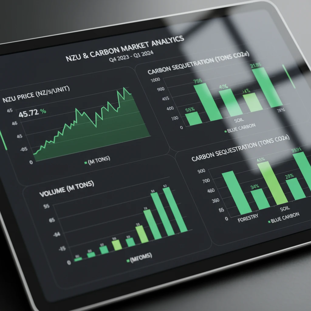 Digital dashboard showing NZU price trends and carbon sequestration data