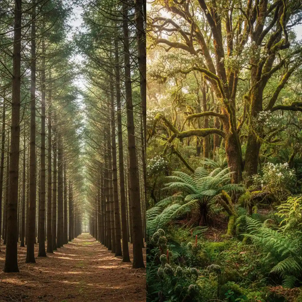Comparison of Radiata Pine plantation and regenerating Native New Zealand bush