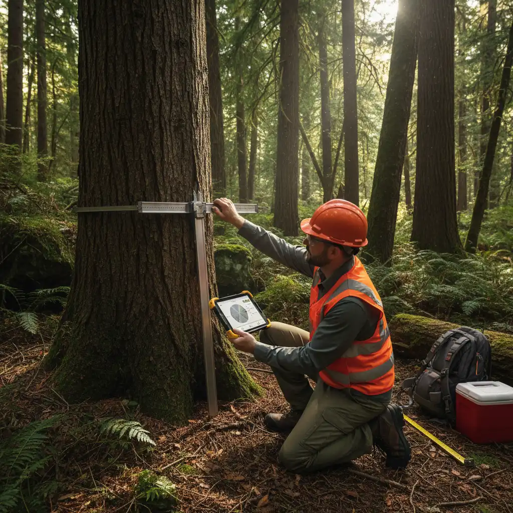 Forestry technician measuring trees for FMA
