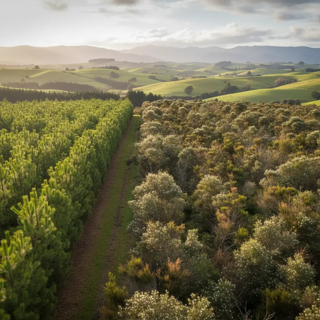Post-1989 forest land showing mixed exotic and indigenous planting