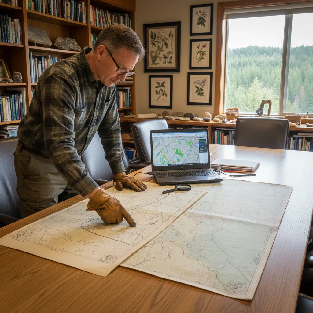 Forestry consultant analyzing historical aerial maps for ETS eligibility
