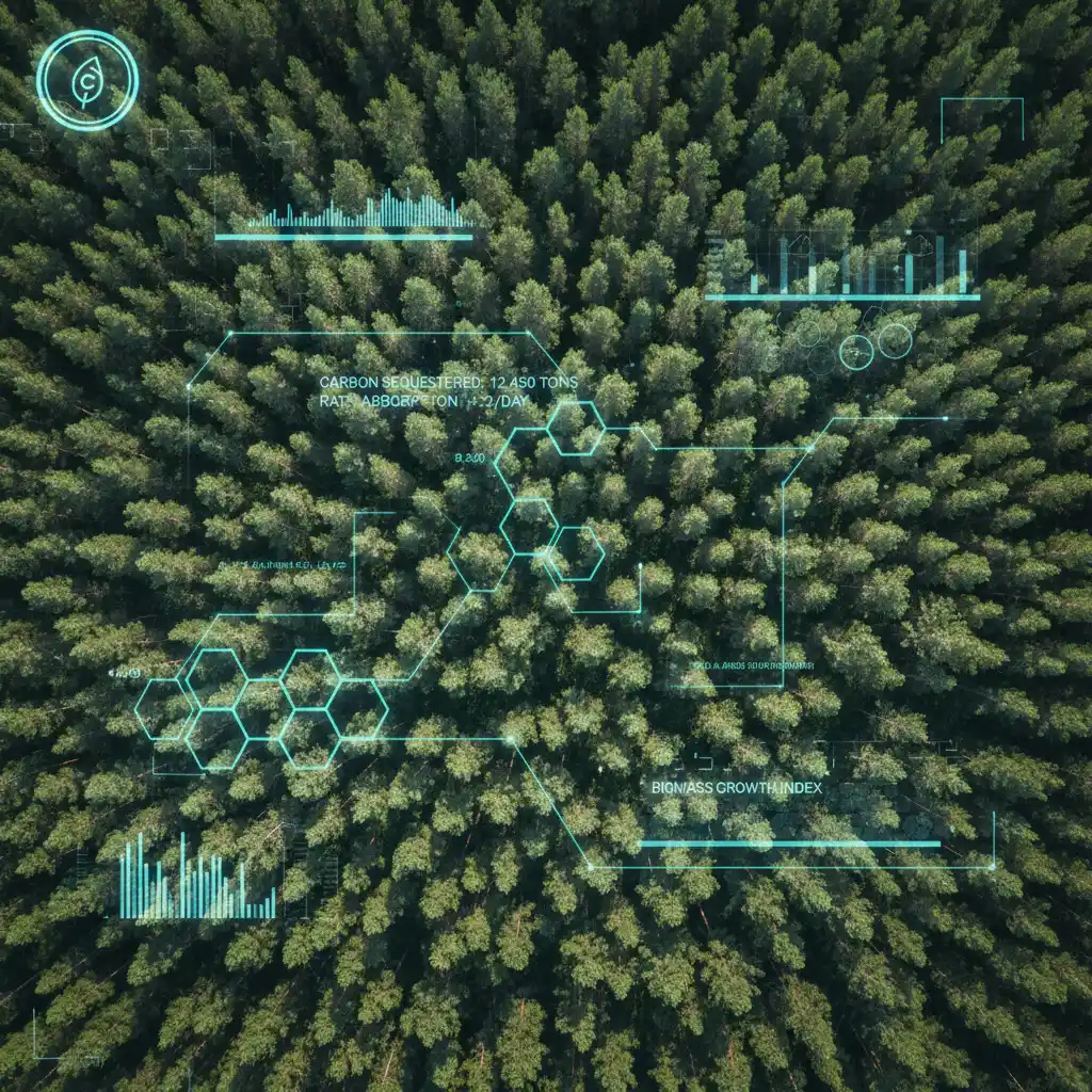 Drone view of pine forest canopy representing carbon sequestration
