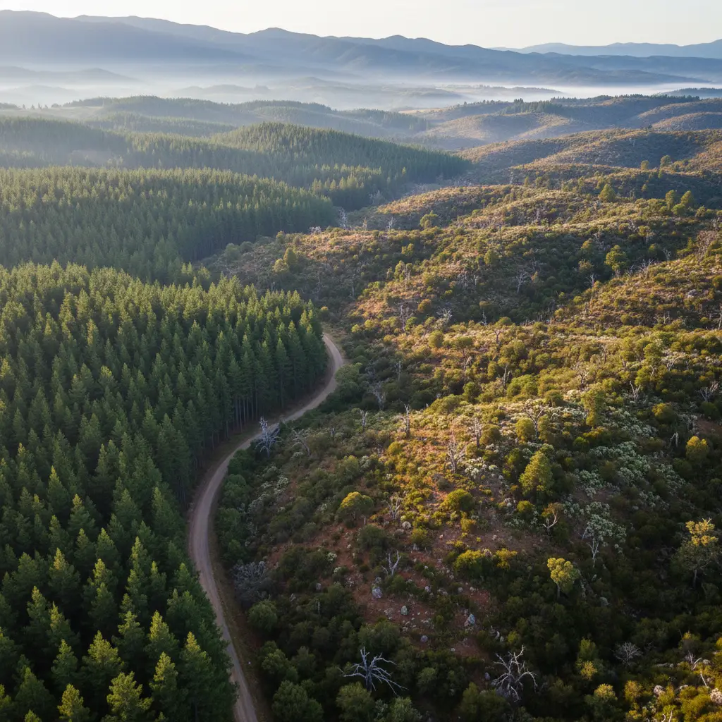 Aerial view contrasting pine plantation and native bush in New Zealand
