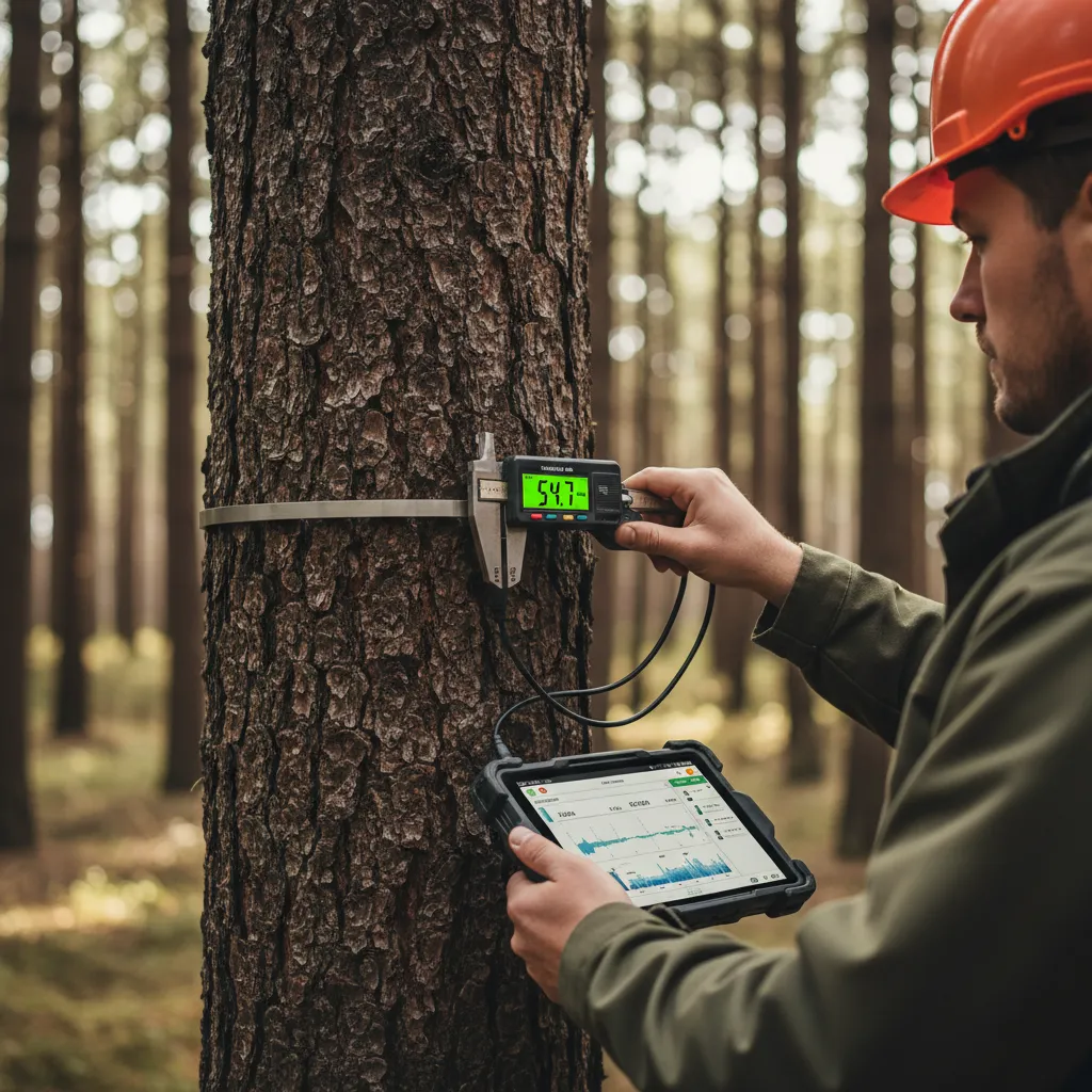 Forestry technician measuring tree diameter for carbon accounting