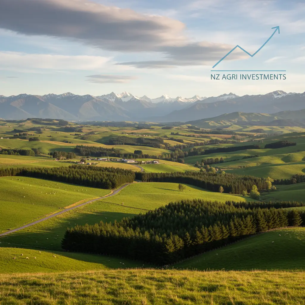 New Zealand carbon farming landscape with forestry blocks