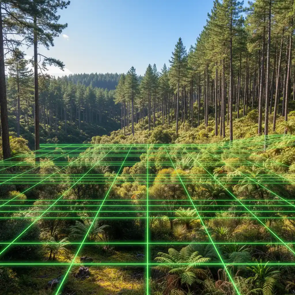 New Zealand forest landscape with digital mapping grid for ETS assessment
