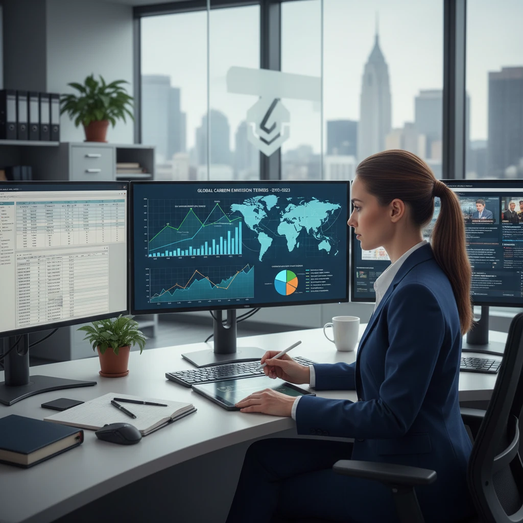 Compliance officer reviewing emissions data for ETS reporting