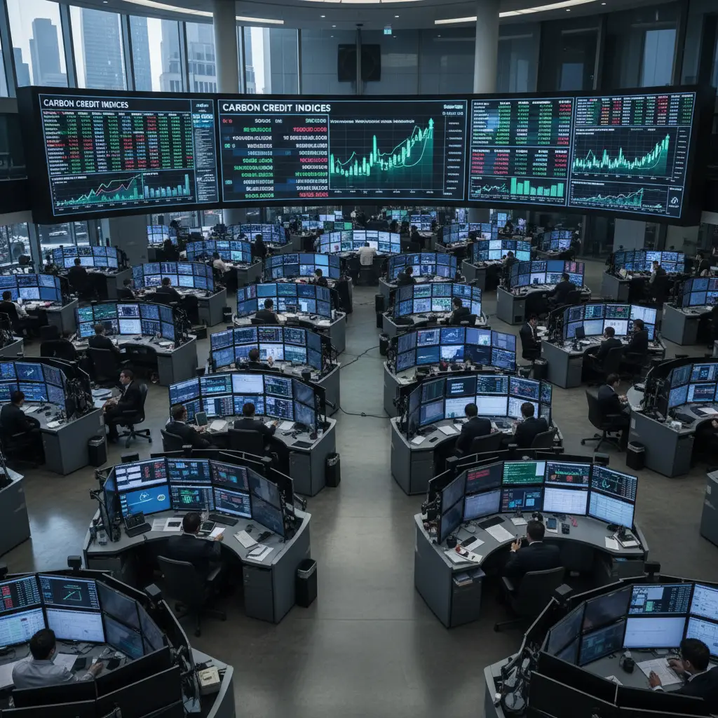 Asian financial district trading floor displaying carbon market trends