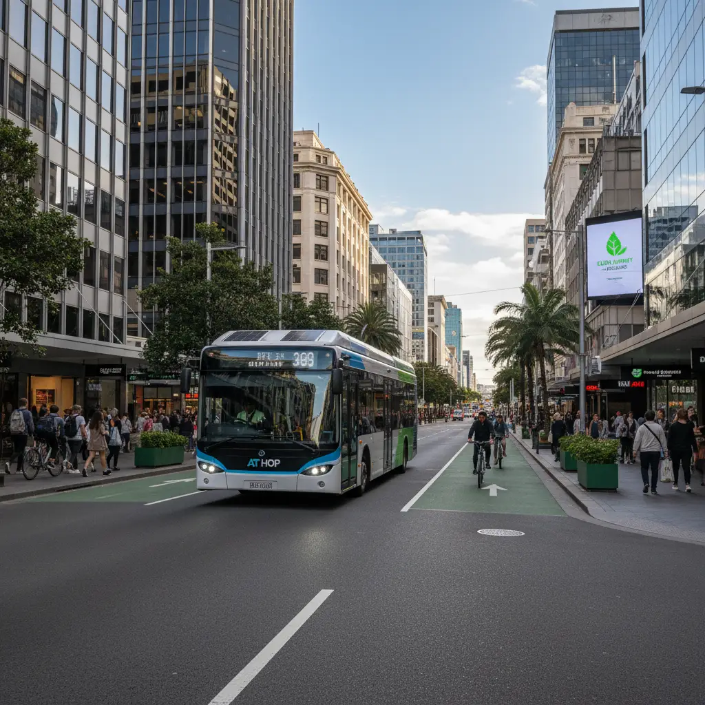 Electric bus on Auckland streets representing transport decarbonization