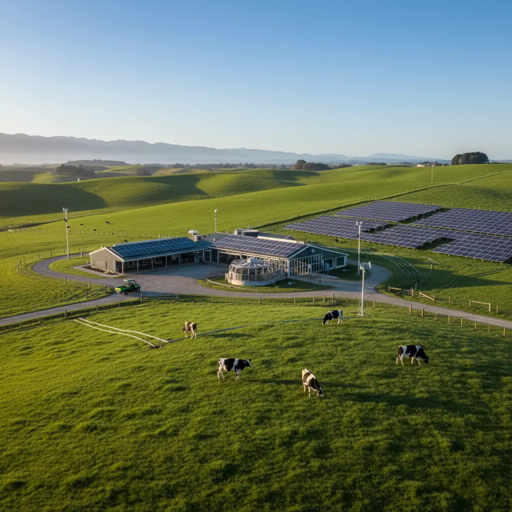 Sustainable New Zealand dairy farm with emissions monitoring technology
