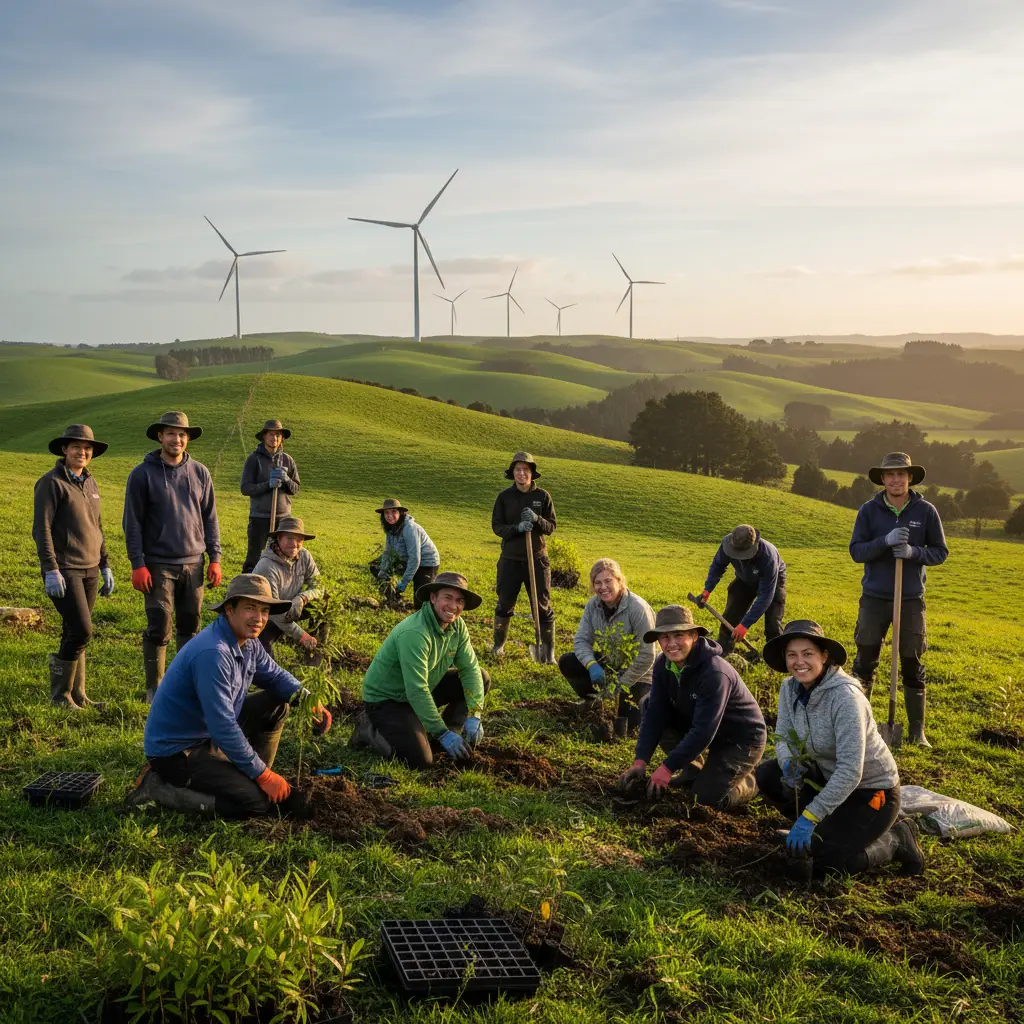 New Zealand community tree planting initiative near wind farm