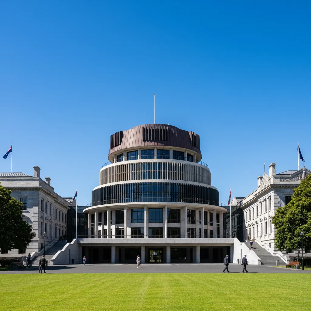 New Zealand Parliament Beehive representing central government climate legislation