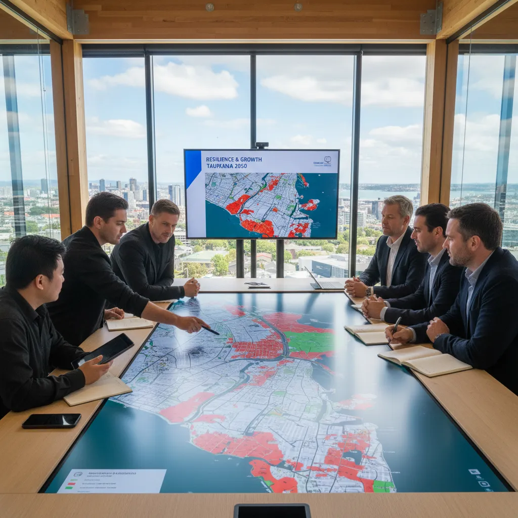 Urban planners reviewing coastal flood risk zones for Long-Term Plan