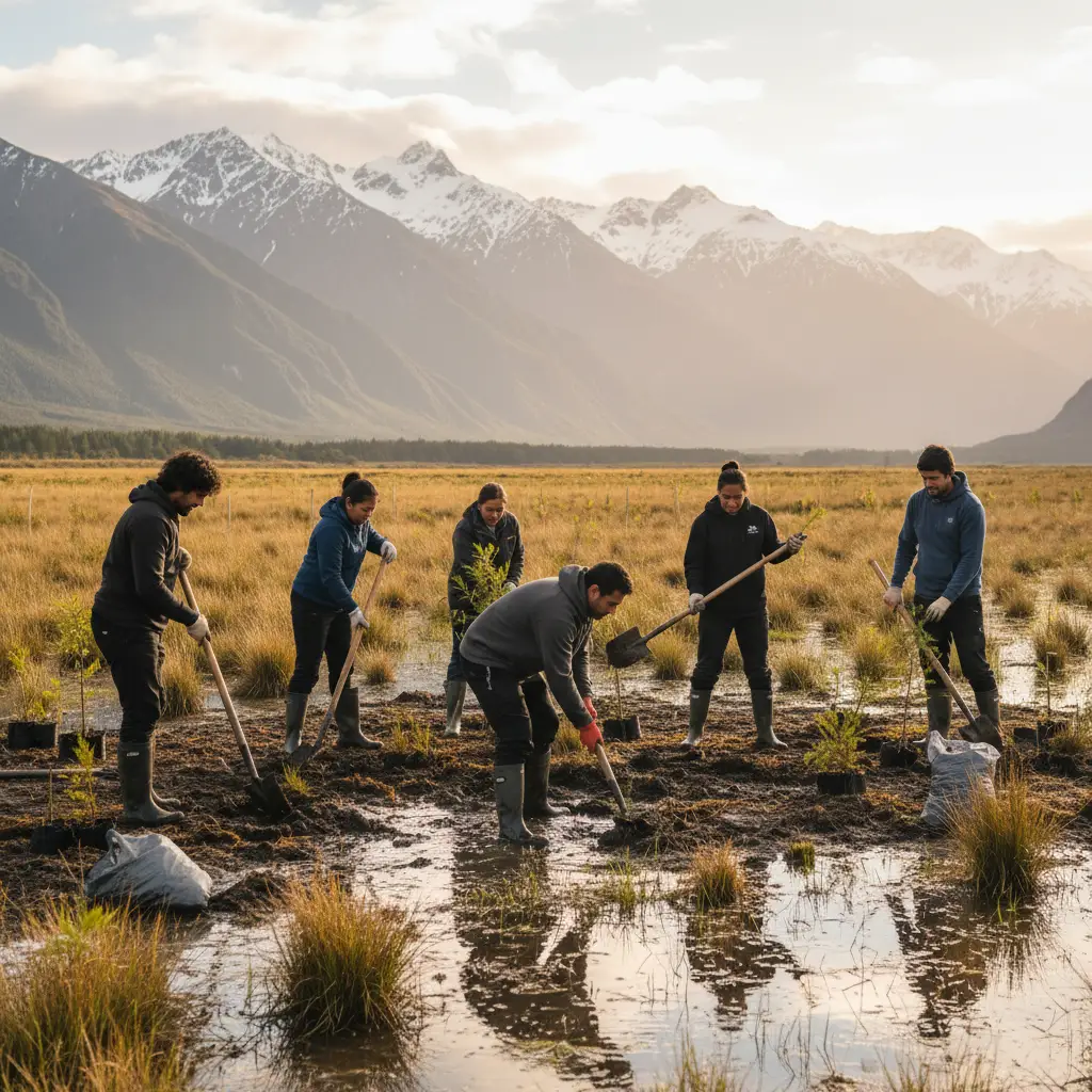 Community volunteers engaging in climate action through wetland restoration in New Zealand
