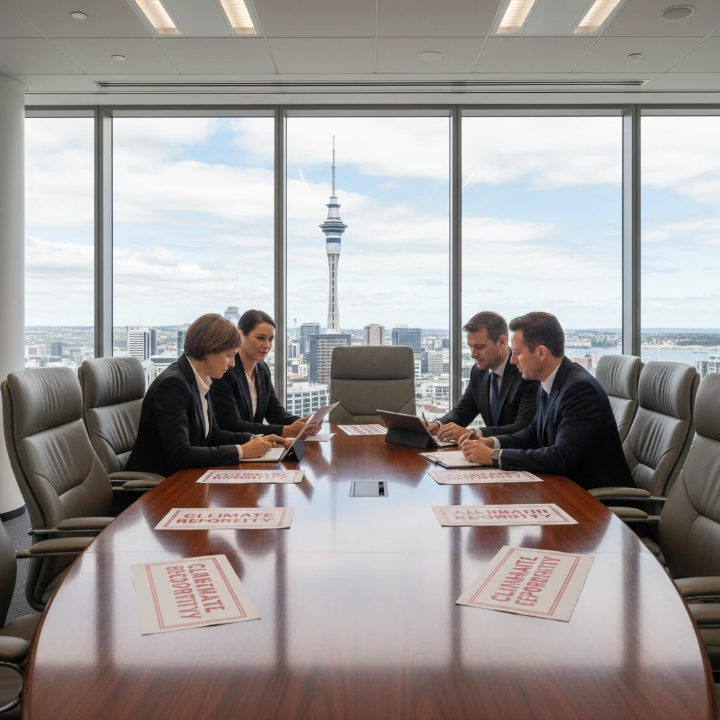 Corporate executives in Auckland reviewing Climate Reporting Entity documents