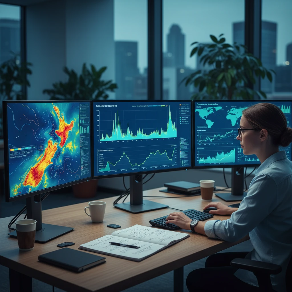 Data analyst conducting climate scenario analysis for business resilience