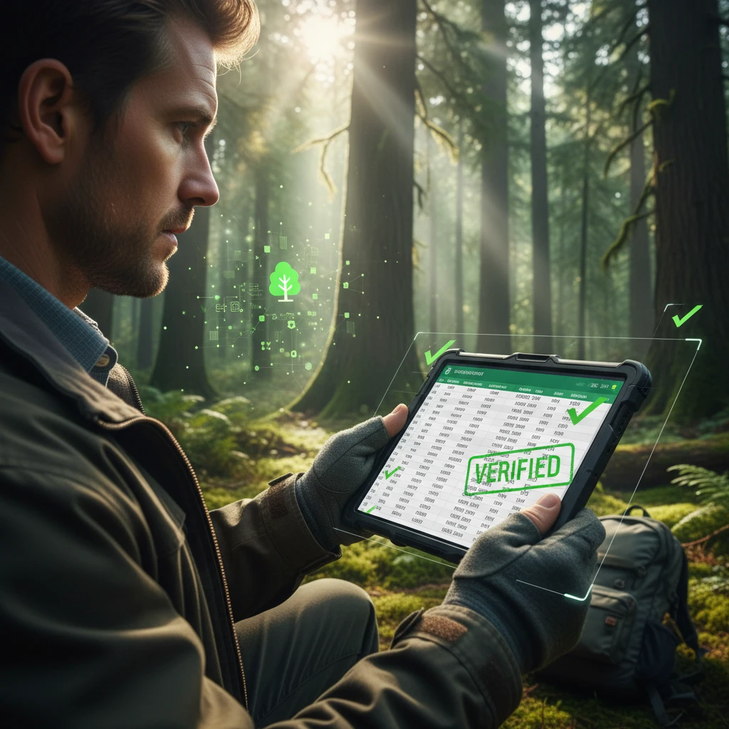 Auditor verifying carbon credit integrity in a forest