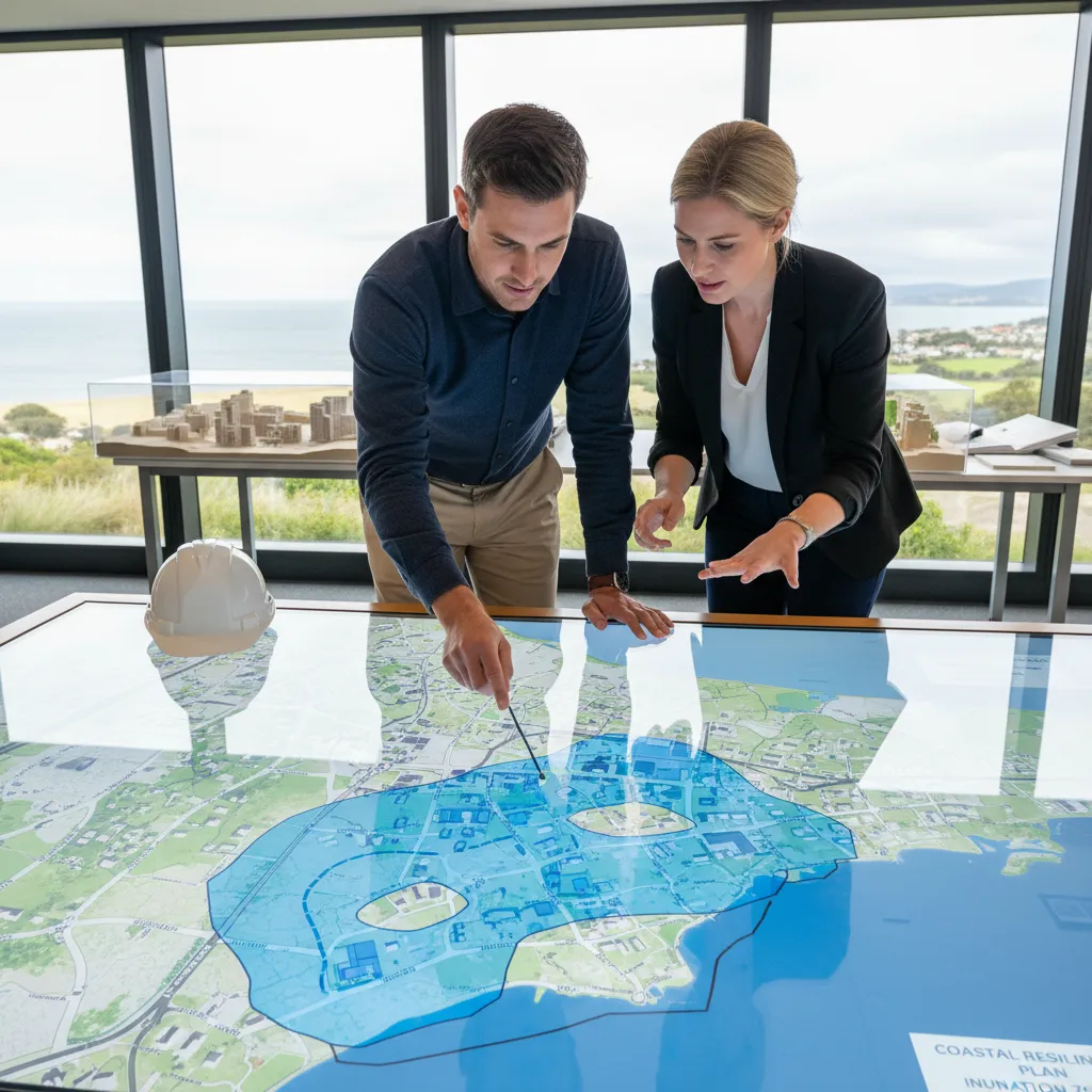 Planners reviewing coastal inundation maps for hazard assessment