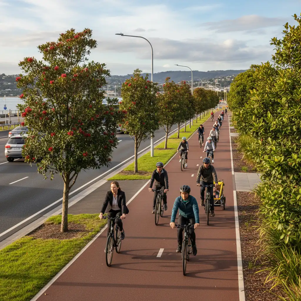 Cyclists using the Paneke Pōneke protected cycleway network