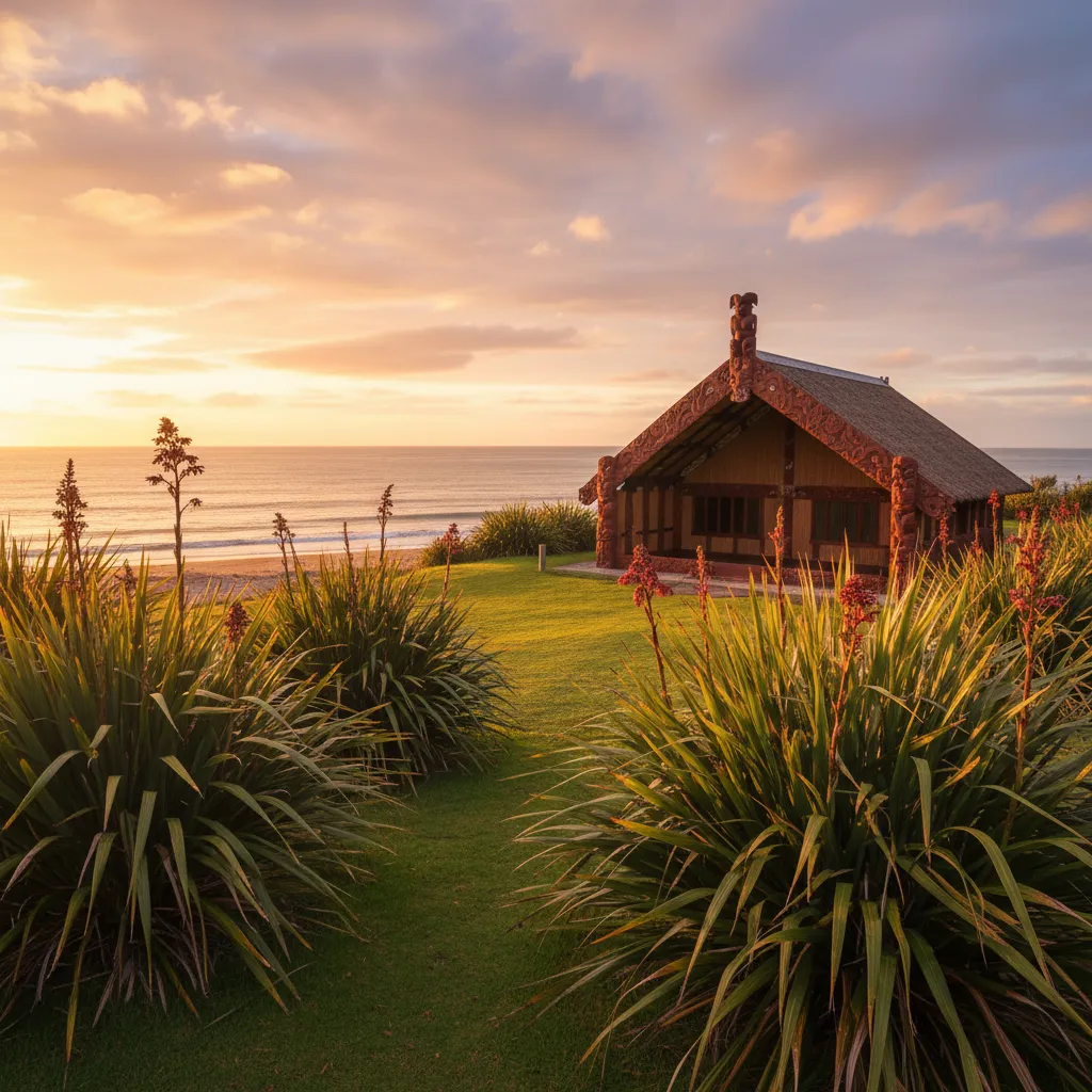 Maori meeting house near the coast illustrating cultural heritage risks